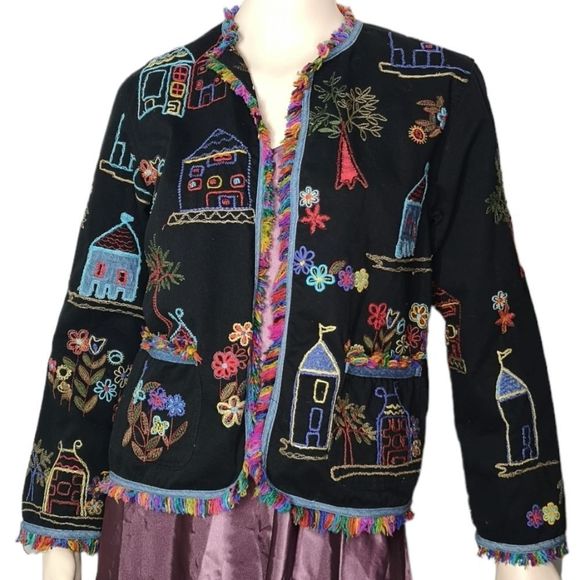 Chico's Jackets & Blazers - 𝅺Chico's Jacket Blazer Colourful Embroidery Rainbow Fringe BoHo Ethnic Medium
